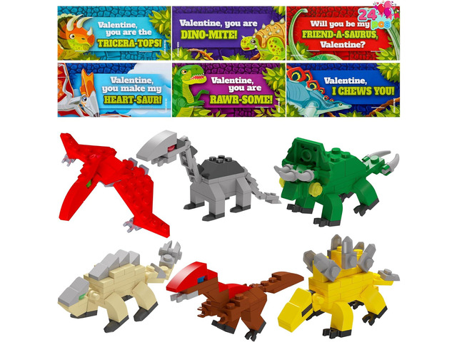 JOYIN 24 Packs Valentines Day Cards with Dinosaur Building Blocks for Gifts Party Favor, Classroom Exchange Prize, Valentines Greeting Cards