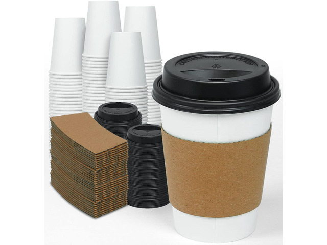 Ginkgo 100 Pack 12 oz Disposable Thickened Paper Coffee Cups with Lids and Sleeves, To Go Hot Coffee Cups, Hot Chocolate, Cocoa and Coffee Bar...