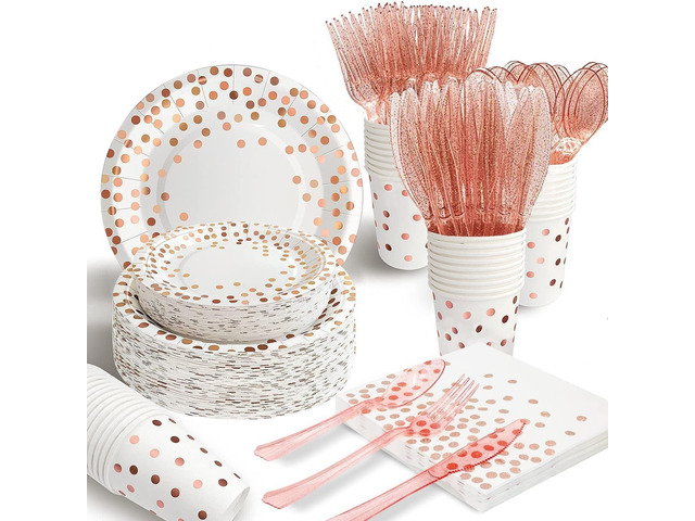 AIRE 175PCS White Rose Gold Party Supplies, Heavy Duty Disposable Dinnerware Set Serves 25, Paper Plates Plastic Forks Knives Spoons for Women...