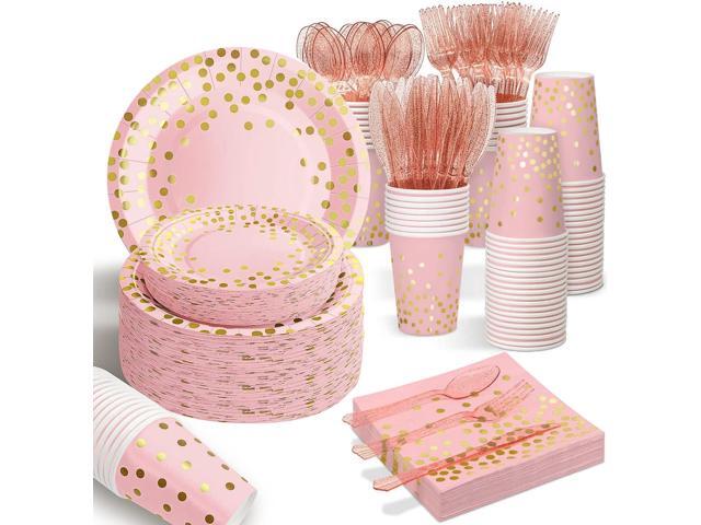 AIRE 175PCS Pink Rose Gold Party Supplies, Heavy Duty Disposable Dinnerware Set Serves 25, Paper Plates Plastic Forks Knives Spoons Cutlery for...