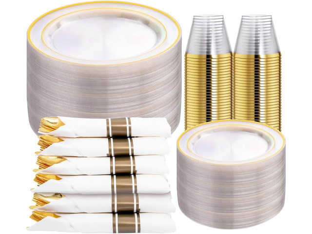 DaYammi 350PCS Clear Gold Plastic Dinnerware Set for 50 Guests Gold Plates Disposable Include: 50 Dinner Plates, 50 Dessert Plates,50 Pre Rolled...