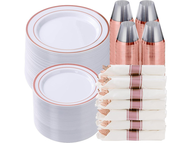 Goodluck 700 Piece Rose Gold Plastic Dinnerware Set for 100 Guests, Disposable Plates for Party, Include: 100 Dinner Plates, 100 Dessert Plates,...
