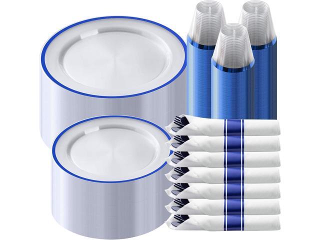 Goodluck 350 Piece Dark Blue Plastic Dinnerware Set for Party, Clear Disposable Plates for 50 Guests, Includes 100Plates, 50 Pre Rolled Napkins...