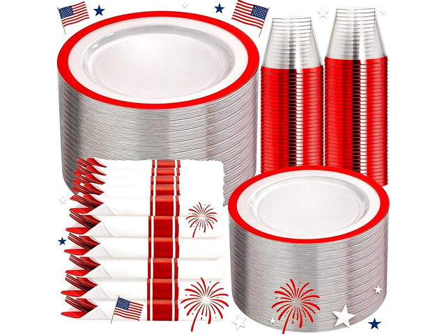 I00000 350 Pcs Red Dinnerware Set for 50 Guests,50 Dinner and 50 Dessert Plates,50 Cups, 50 Pre Rolled Napkins with Cutlery Set for...