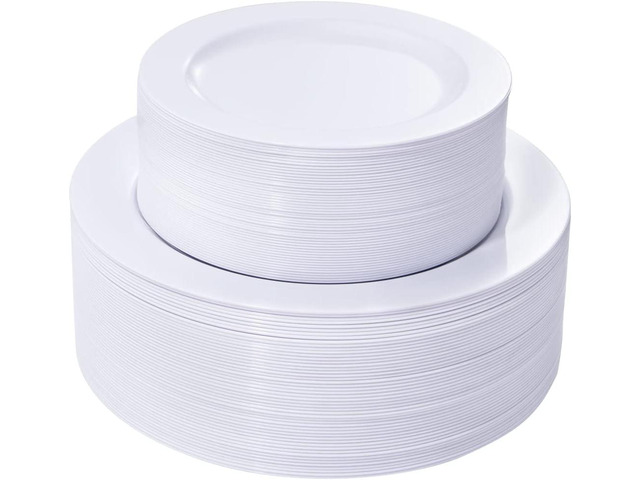 FLOWERCAT 100PCS White Plastic Plates-Heavy Duty White Disposable Plates for Christmas/Easter/Party/Wedding -Serve 50 guests 10.25inch & 7.5inch