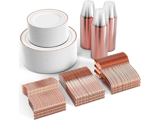 FOCUSLINE 600 Ct Rose Gold Dinnerware Set for 100 Guests - Rose Gold Rimmed Disposable Plastic Plates, Includes 100 Dinner & Salad Plates, Cups,...