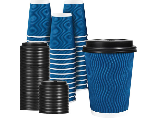 Lamosi 12 OZ Disposable Coffee Cups with Lids 50 Pack, Hot Paper Insulated Corrugated Ripple Wall Cup for To Go Drinks and Beverages
