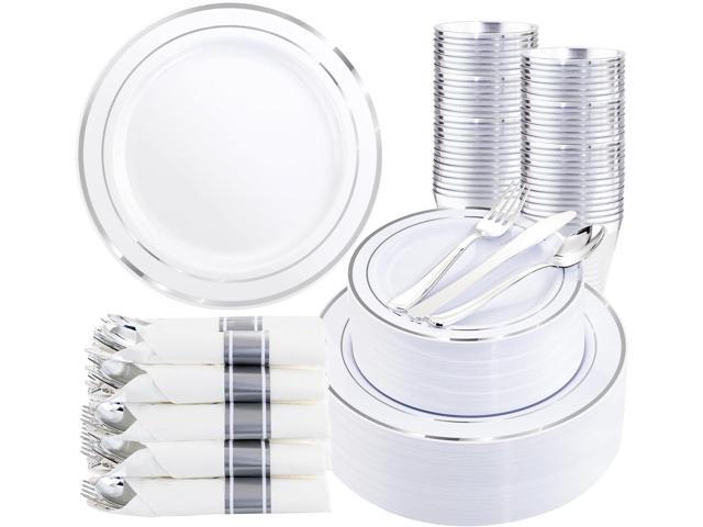 WDF Partyware 350Piece Silver Plastic Dinnerware Set for 50 Guests - Silver Plastic Plates with Cutlery Include:50Dinner Plates-50Dessert.