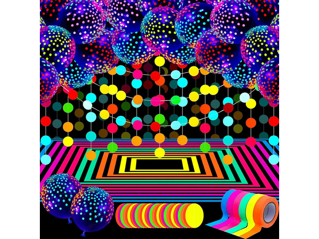 Skylety 32 Pcs Glow in The Dark Party Supplies Neon Party Favors with 25 Fluorescent Balloon 6 Rolls 98.4 ft UV Blacklight Luminous Tape 14.4 ft...