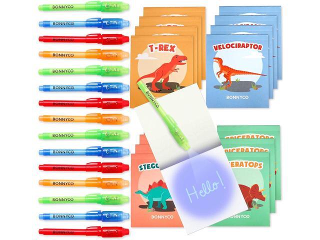 BONNYCO Invisible Ink Pen and Notebook Pack 16, Dinosaur Party Favors for Kids. Magic Spy Pen Goodie Bags Stuffers for Kids, Dinosaur Birthday.