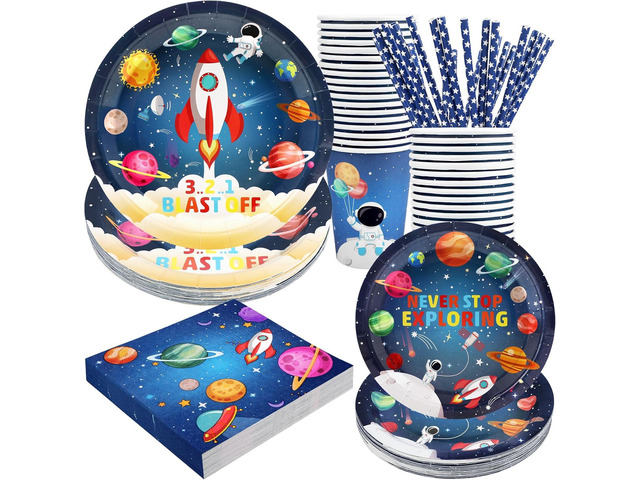 Recheel Space Birthday Party Supplies Decorations, Outer Space Theme Paper Plates and Napkins Set for 24 Guests, 120 Pcs Disposable Galaxy Party...