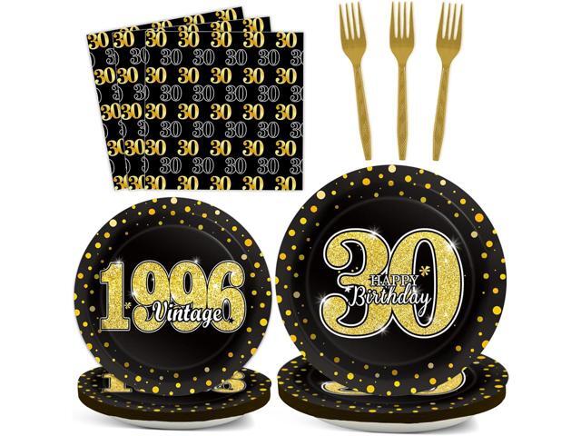 96PCS 30th Theme Birthday Party Tableware Vintage 1996 Party Supplies 30 Year Old Birthday Decorations Plates Napkins Forks Black and Gold.
