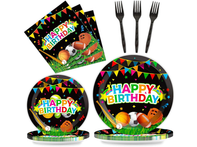 Sports Party Plates Napkins Sports Happy Birthday Party Tableware Baseball Football Soccer Basketball Rugby Disposable Paper Plates Napkins for Boy...