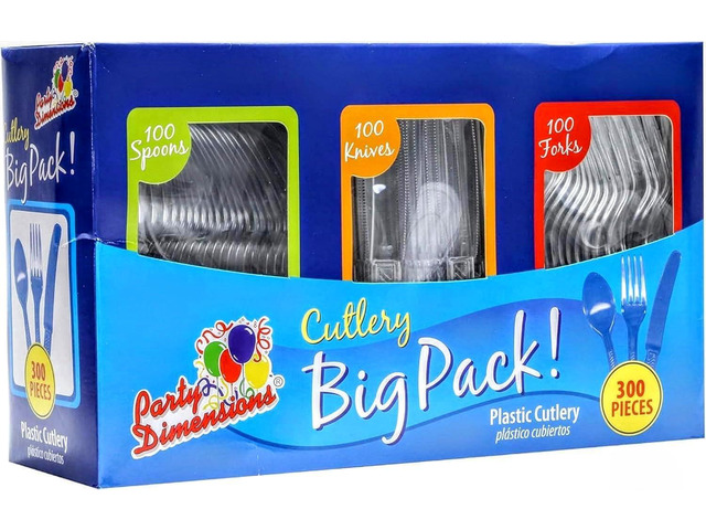 Party Dimensions 300 Count Plastic Cutlery Combo Box, Disposable Clear Plastic Silverware Utensils Set, 100 Forks, 100 Spoons, 100 Knives