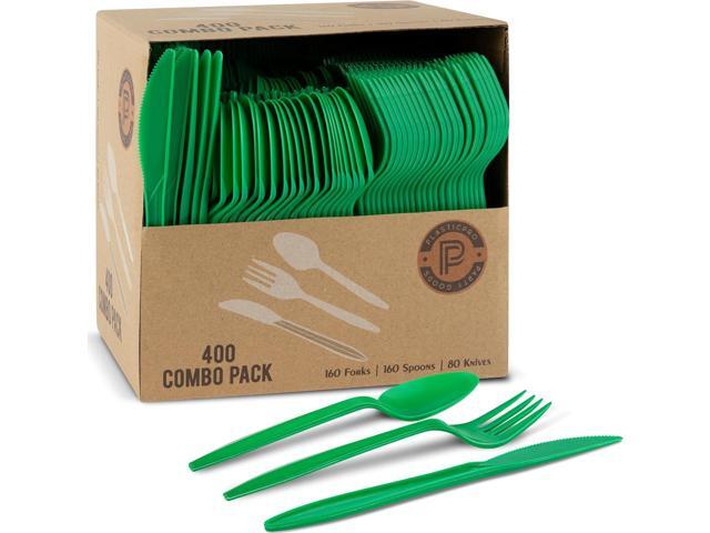 PLASTICPRO 400 Pack Disposable Christmass Green Cutlerys Plastic Utensils Assorted Colored Cutlery Combo Set Forks Spoons Knives Silverware, Green...
