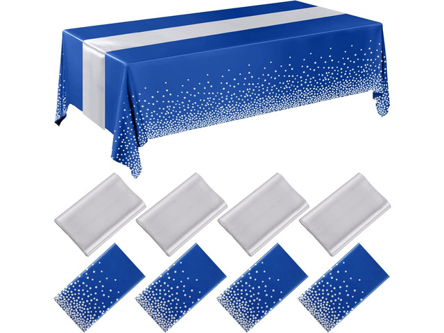Breling 8 Pack Navy Blue and Silver Disposable Plastic Tablecloths and Satin Table Runner, 54 x 108 Inch Tablecloth, 12 x 108 Inch Table Runners...