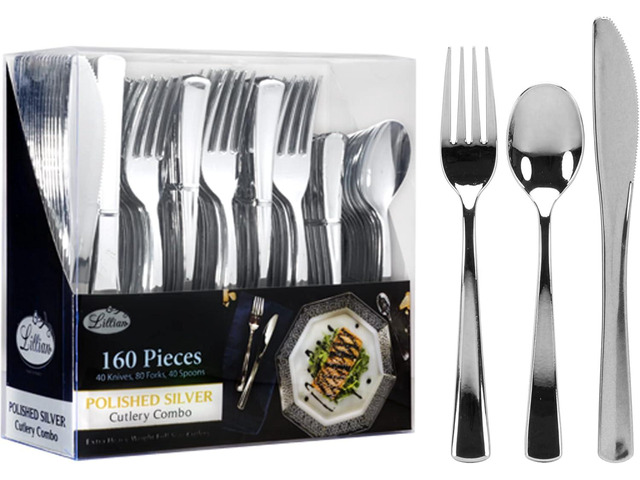 Plastic Cutlery Silverware Extra Heavyweight Disposable Flatware, Full Size Cutlery Combo, Polished Silver, 80 Forks, 40 Spoons, 40 Knives, Value...
