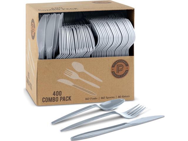 PLASTICPRO 400 Pack Disposable Plastic Utensils Assorted Colored Cutlery Combo Set Forks Spoons Knives Silverware, Silver Plastic Cutlery for Parties