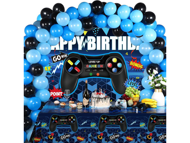 Video Game Birthday Party Decorations Set Gaming Happy Birthday Supplies Includes Video Game Backdrop, Table Covers, Balloons and Foil Gamer...