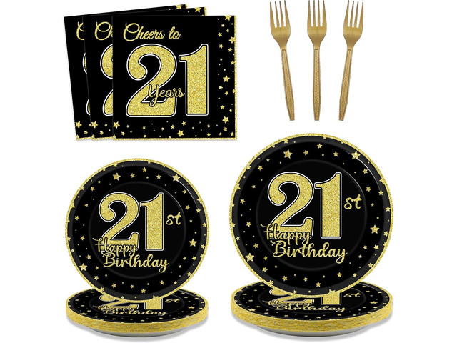 96 Pcs 21st Birthday Party Supplies for 24 Guests Cheers to 21 Years Tableware Table Decorations Black Gold 21st Birthday Plates Napkins Dinnerware...