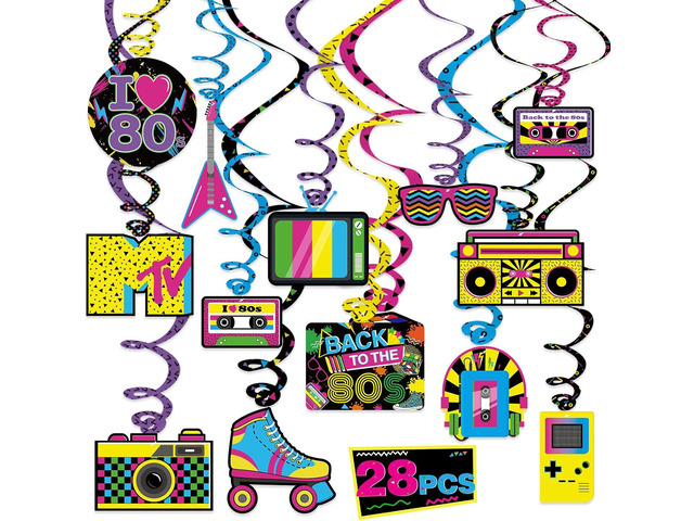 Bessmoso 28PCS 80s Party Decorations Retro Hanging Swirls & Ceiling Streamers for 1980s Throwback Birthday, Neon Back to The 80s Party Supplies