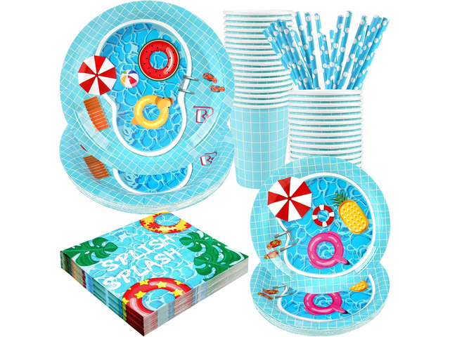 Pool Party Supplies Decorations, Disposable Summer Kids Birthday Paper Plates and Napkins Set with Cups and Straws for 24 Guests, 120 Pcs Beach...