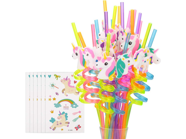 24 Reusable Unicorn Drinking Plastic Straws + 6 Temporary Tattoos for Girls Birthday Party Supplies - Rainbow Unicorn Party Favors Decorations...