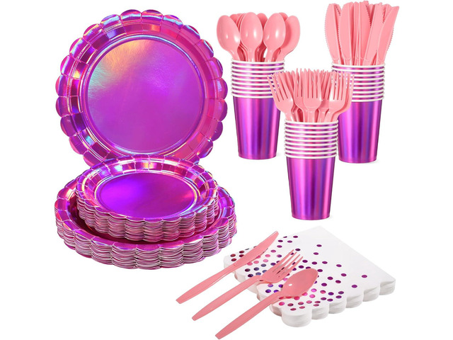 175 Pcs Iridescent Pink Party Supplies Include 25 guest Scalloped Holographic Pink Paper Plates and Napkins Set for Mermaid, Disco and Birthday...