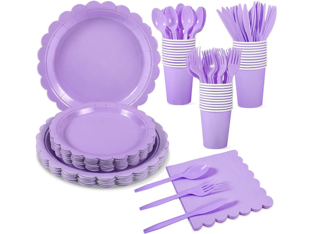 175 Pcs Lavender Paper Plates and Napkins, Light Purple Party Supplies Include Scalloped Party Plates Napkin Cup Plastic Cutlery for Girls...