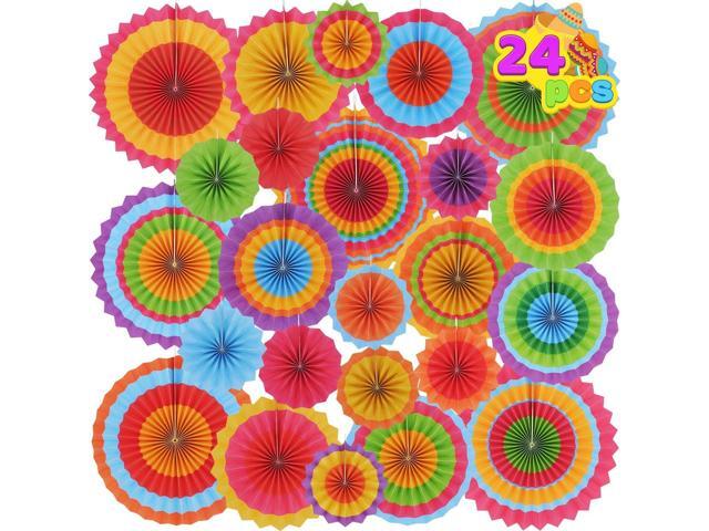 JOYIN 24 Colorful Hanging Paper Fan Round Wheel Disc for Fiesta Party Supplies Decoration, Luau Event Photo Props, Cinco De Mayo Mexican Festivals,.