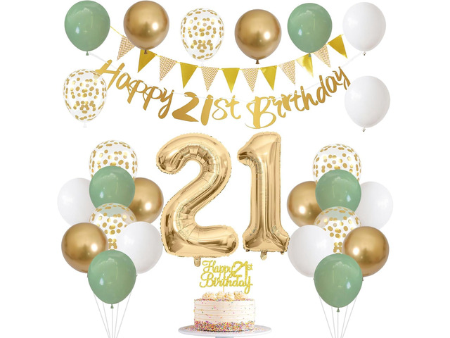 21st Birthday Decorations for Him Her, Happy Banner With Cake Topper Number 21 Foil Balloon, Sage Green White Gold Balloons for Men Women 21 Year...