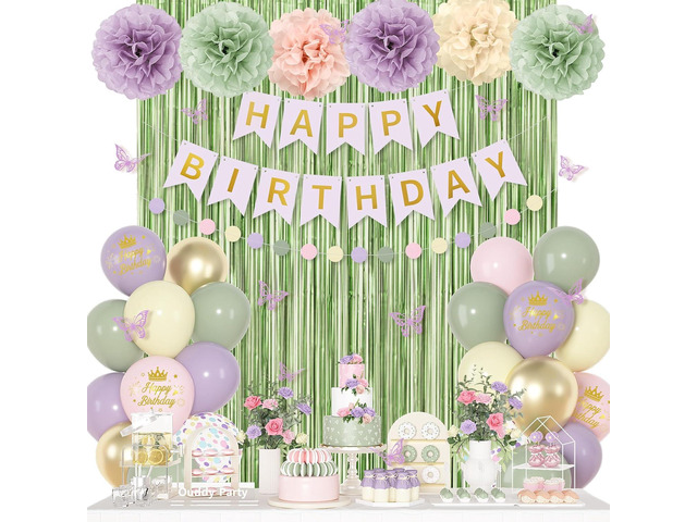 Fairy Birthday Decorations for Women Girls, Lavender Green Pastel Pink Yellow Metallic Printed Balloons Butterfly Stickers Fringe Curtain Happy...