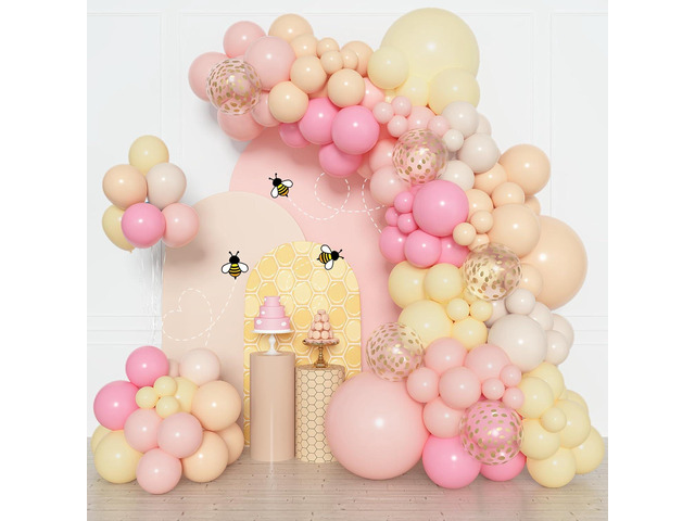 Amandir 153pcs Pink and Yellow Balloon Arch Garland Kit, Different Sizes 18 12 10 5 inch Pink Pastel Yellow White Sand Cream Gold Confetti Balloons...
