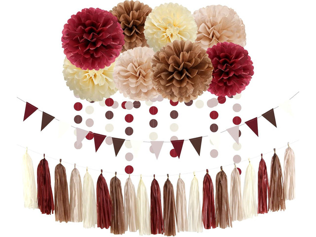Brown Burgundy Champagne-Gold Party-Decorations - 30pcs Rustic Boho Wedding Tissue Pom-Poms Streamers,Fall Autumn Tassel Garland Banner,Birthday...