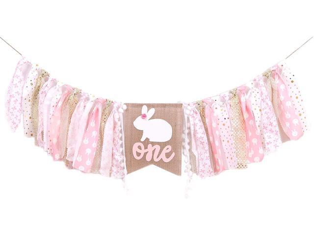 Pink Happy Birthday Banner - 1st Birthday High Chair Banner, Rabbit Themed Photo Props, Princess Party Decorations Supplies for Baby Girl