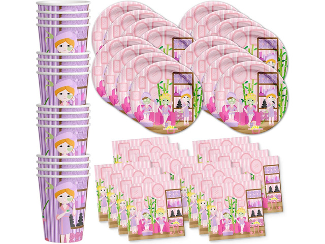 Girls Spa Party Supplies - Sleepover Kit for 16 Tableware Set Includes Plates, Napkins and Cups