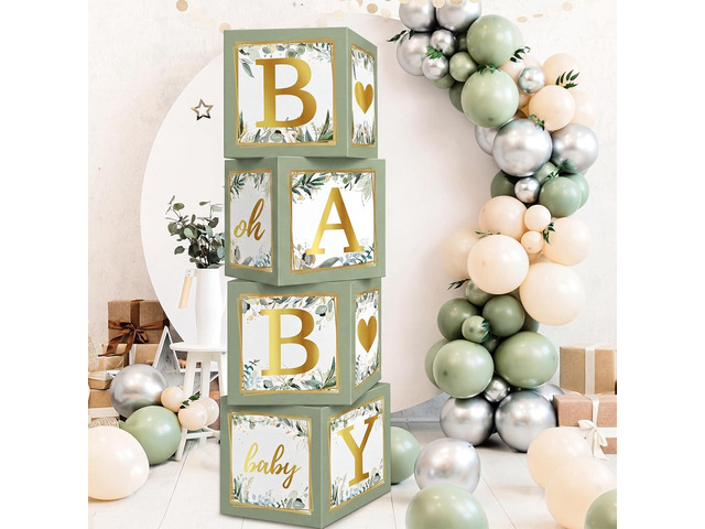 RUBFAC Baby Shower Boxes with Letters, 4pcs Sage Green Baby Shower Decorations for Boy Girl Balloon Boxes Gender Reveal Birthday Party Favors