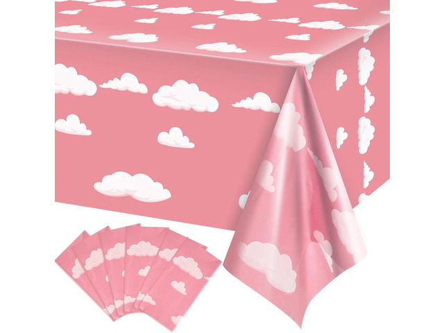 Tatuo 6 Pieces Pink Sky White Clouds Birthday Party Supplies Cartoon Story Tablecloth Party Table Cover Cartoon Table Banner for Baby Kids Shower...