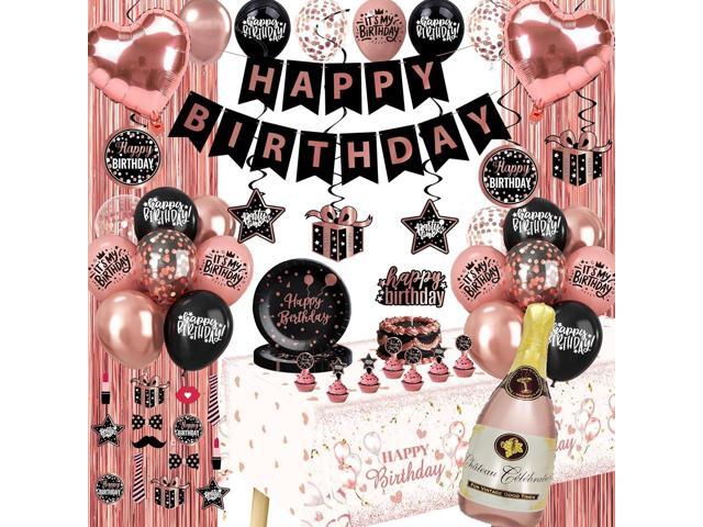 Rose Gold and Black Birthday Decorations - Party Supplies Kit with Tablecloth, Paper Plates, Photo Props, Champagne Foil Balloon, Fringe Curtains,...