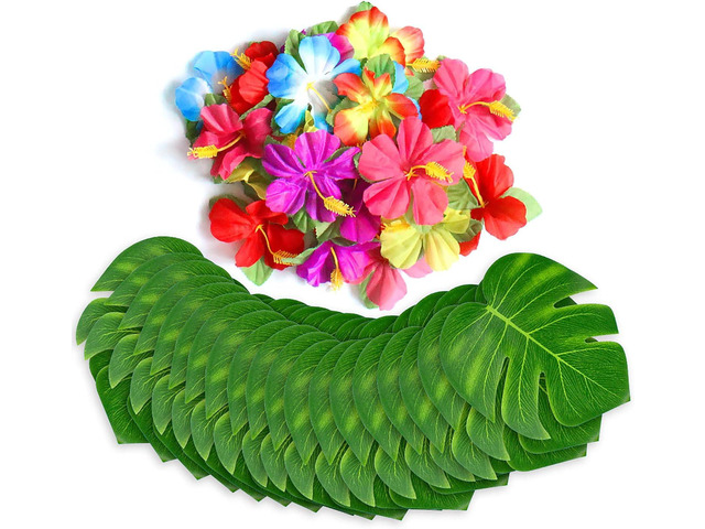 60Pcs Tropical Party Decorations Supplies Tropical Palm Leaves Hibiscus Flower Simulation Artificial Leaf for Hawaiian Luau Safari Party Jungle...