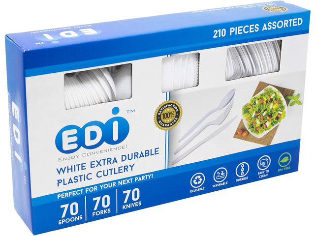 EDI [210 Piece] White Disposable Plastic Cutlery Set, Assorted - 70 Forks, 70 Knives, 70 Spoons Extra Durable