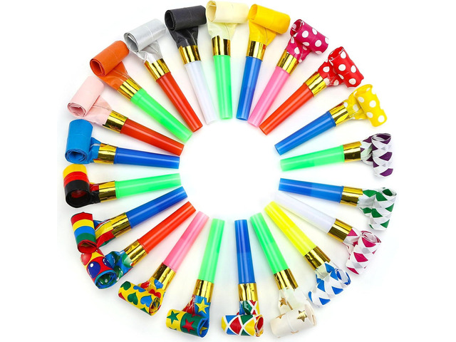 Koogel 100Pcs Party Blowers Bulk for Party Favors, Colorful Noisemakers & Blowouts with Assorted Patterns, Fun Goodie Bag Stuffers Whistles Horns...