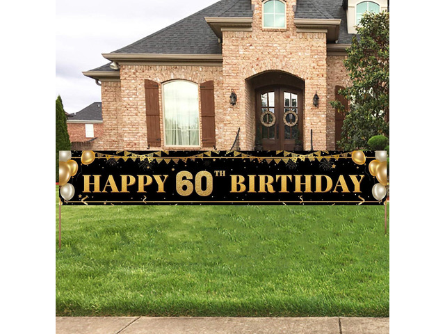 Large Happy 60th Birthday Decoration Banner, Black and Gold Happy 60th Birthday Banner Sign, 60th Birthday Party Decorations Supplies(9.8x1.6ft)