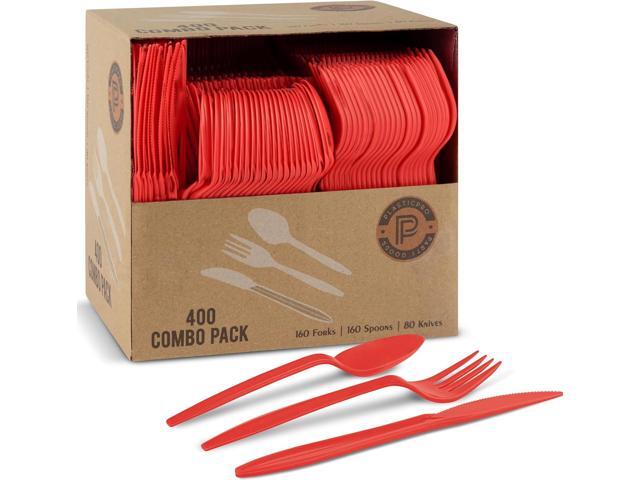PLASTICPRO 400 PackChristmass Red HolidayDisposable Plastic Utensils Assorted Colored Cutlery Combo Set Forks Spoons Knives Silverware, Red Plastic.