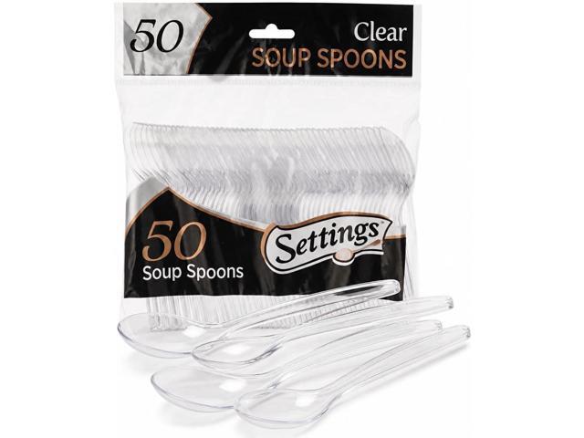 Settings Clear Plastic Soup Spoons, 50 Count - Heavyweight Disposable Soup Spoons, BPA-Free Bulk Plastic Cutlery for Parties, Weddings, Catering &...