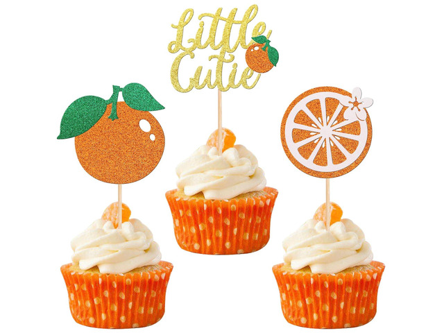 30 PCS Little Cutie Cupcake Toppers Glitter Fruit Orange Cupcake Picks for Citrus Theme Baby Shower Kids Boys Girls Birthday Party Cake Decorations...