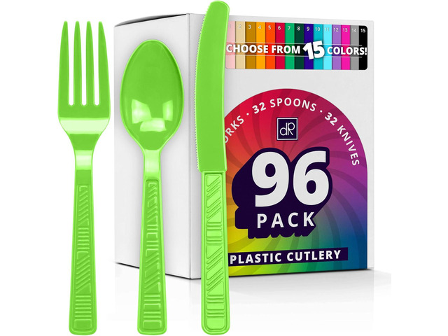 DecorRack Plastic Cutlery Set, Lime Green Colored Plastic Silverware Sets for Parties, 96 Piece Bulk Heavy Duty Utensils (Lime Green, 96 Pieces)