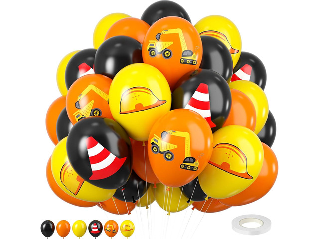 Construction Balloons, 12 inch Black Orange Yellow Balloons,Excavator Helmet Warning Printed Latex Balloons for Construction Party Birthday Truck...