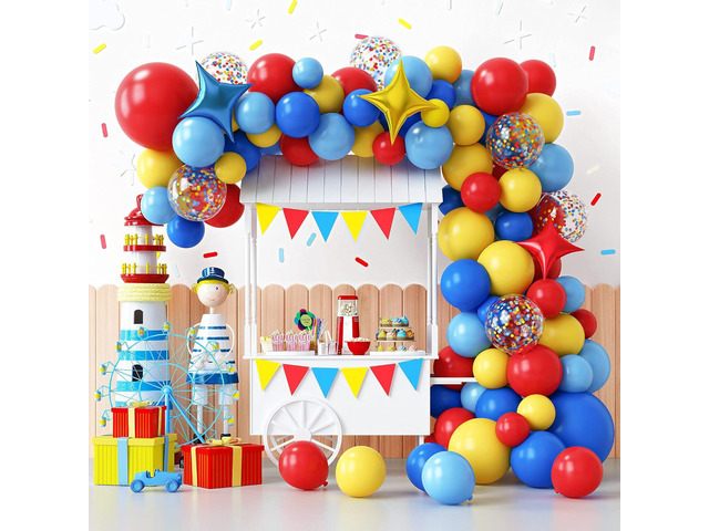 RUBFAC Carnival Circus Theme Party Decorations, Primary Color Balloon Arch Kit, 120pcs Red Blue Yellow Party Balloons Rainbow Confetti and Star...
