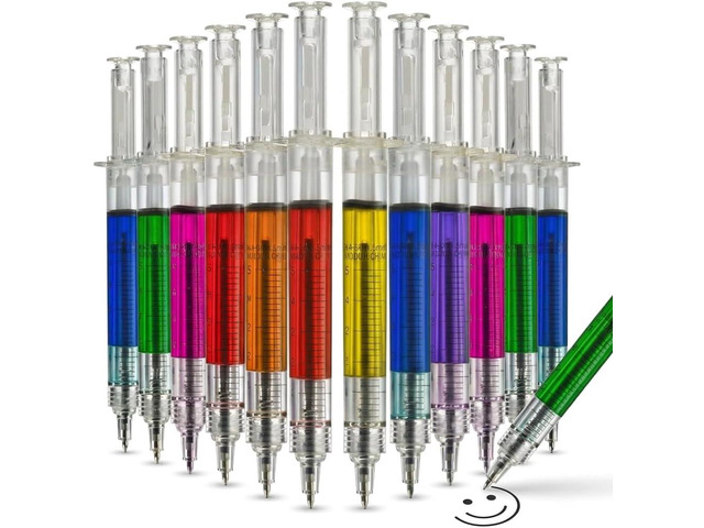 Bedwina Syringe Pens - (Bulk Pack of 24) Retractable Fun Multi Color Novelty Pen for Nurses, Nursing Student School Supplies, Birthdays, Stocking...